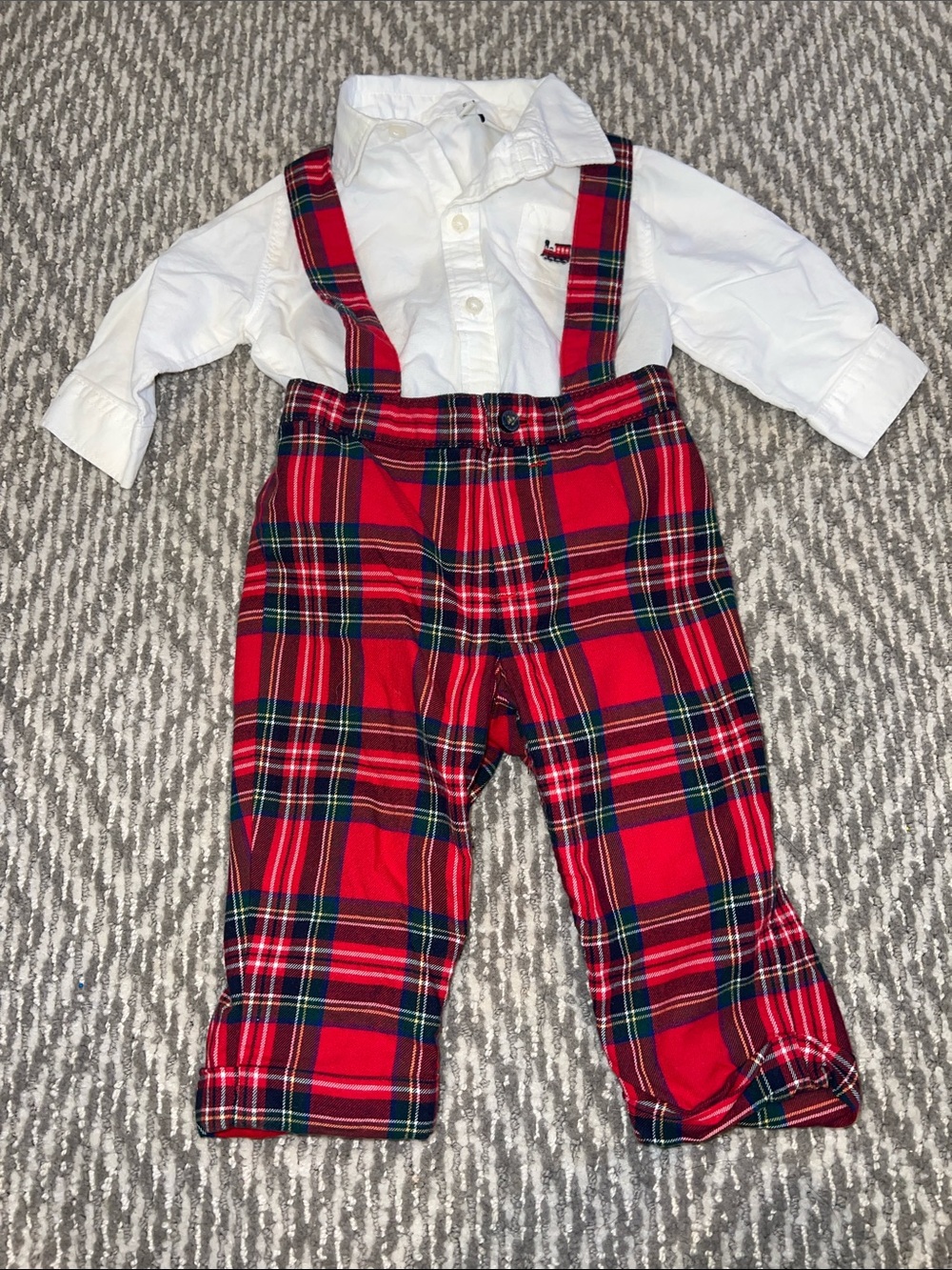 Janie and Jack Red Plaid Suspender Pants with White Shirt